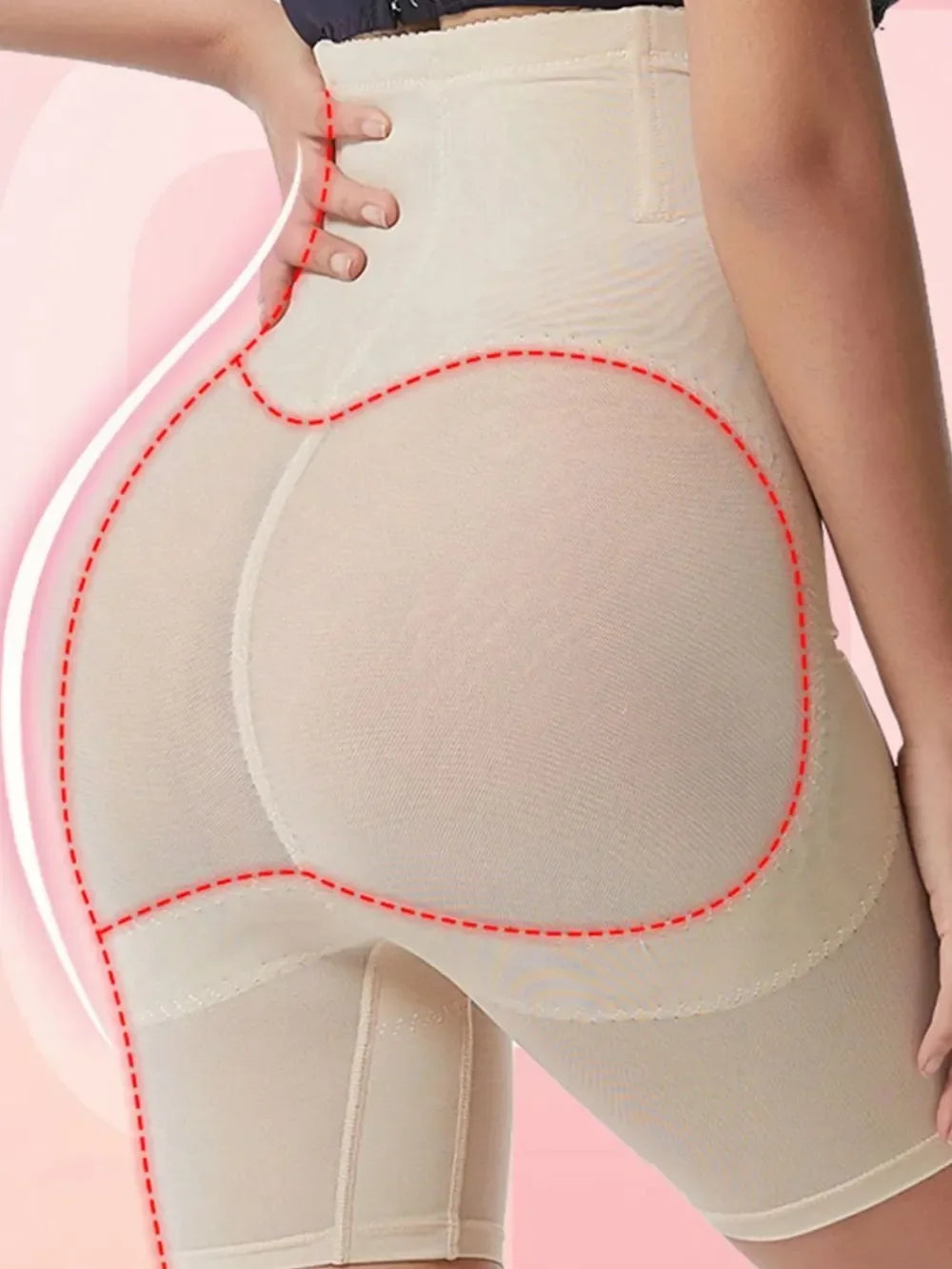 Woman wearing beige high-waist body shaper shorts with hip and thigh enhancement outlines