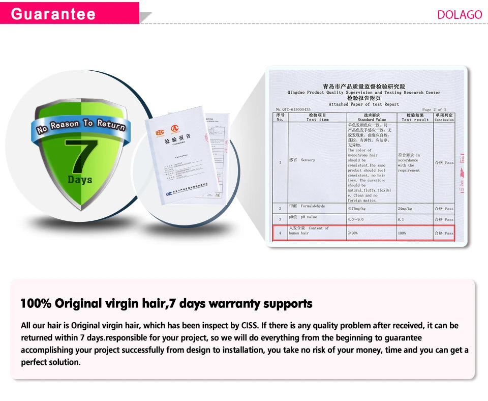 7-day return guarantee badge, test report, and warranty for original virgin hair product
