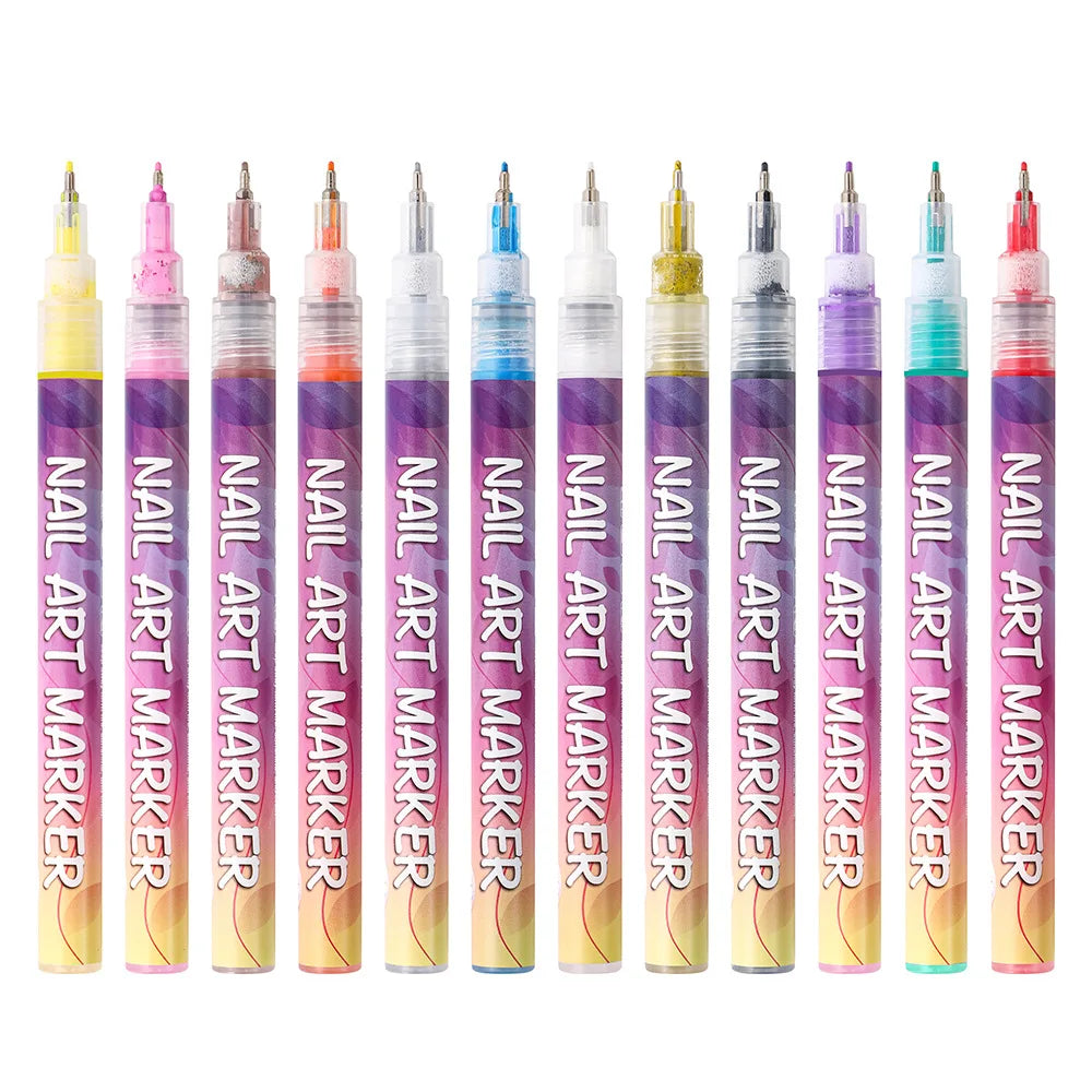 12Pcs/Set Nail Acrylic Graffiti Pen 12 Color Nail Marker Drawing DIY Beauty Nail Art Tools Waterproof and Quick Drying Nail Mark