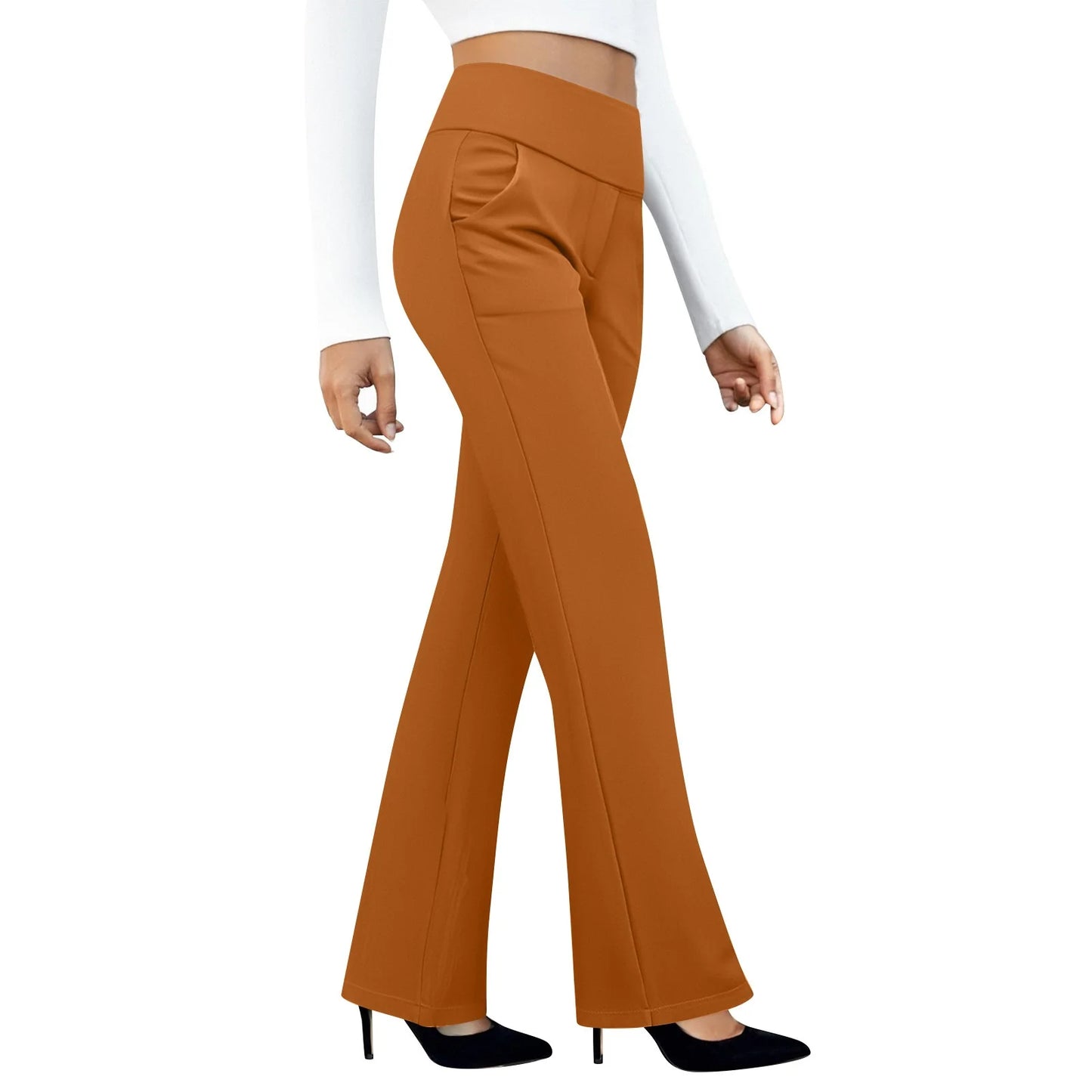 Women's brown flared high-waisted pants with front pocket, styled with black heels