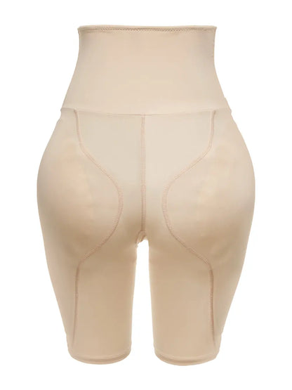 High-waisted beige shapewear shorts with seamless design, back view on white background