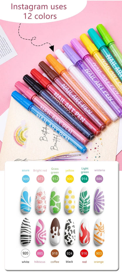 12-Color Nail Art Markers DIY Nail Polish Pens Set Drawing Acrylic Paint Pens Waterproof Nail Painting Manicure Nail Art