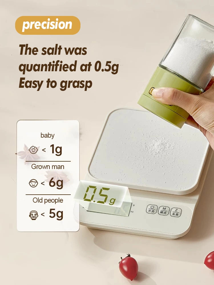 Digital kitchen scale measuring 0.5g salt with hand holding salt dispenser, precision display.