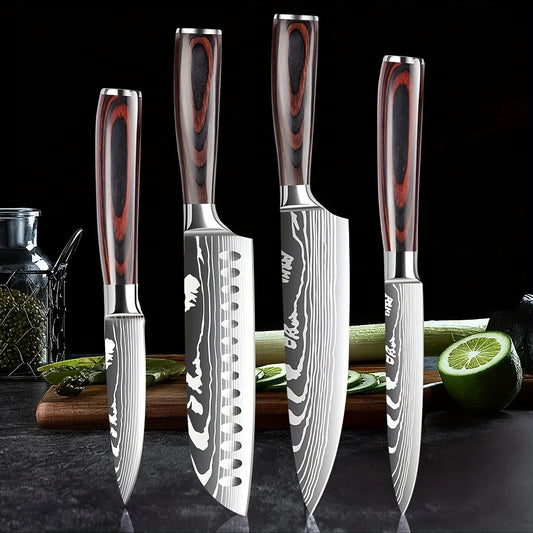 Set of four Damascus-style kitchen knives with wood handles on a dark countertop