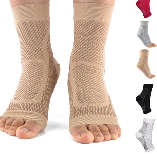 Beige open-toe ankle compression socks for support, shown with additional color options