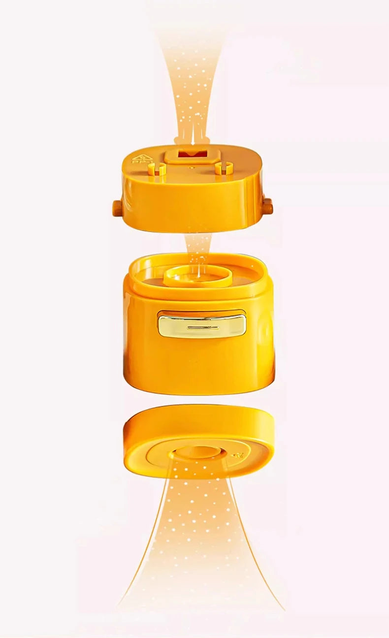 Exploded view of a yellow plastic dispenser with three components and perforated sections