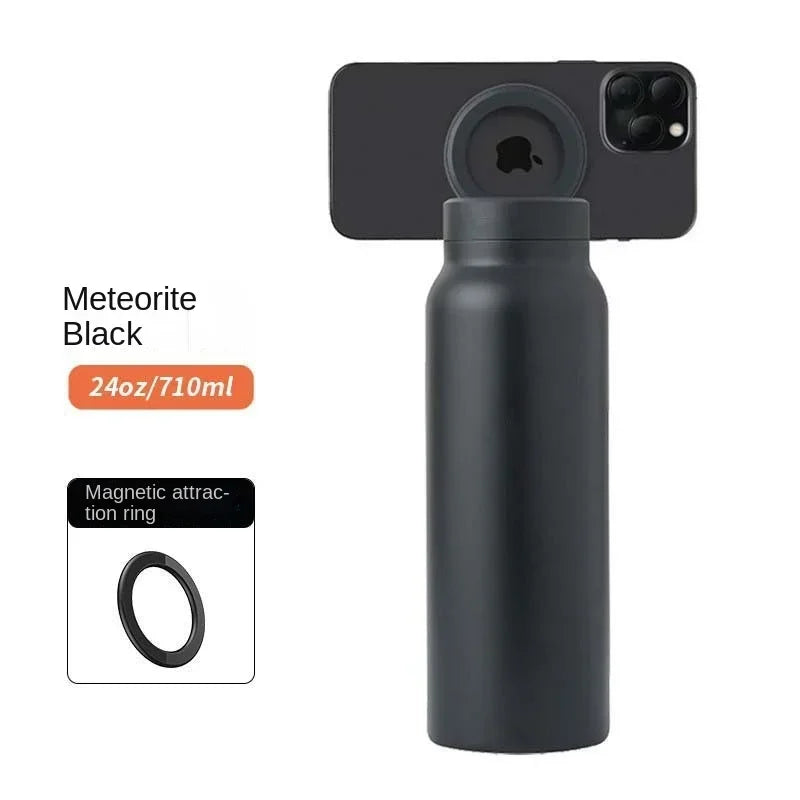 Meteorite black 24oz water bottle with magnetic phone holder and ring attachment