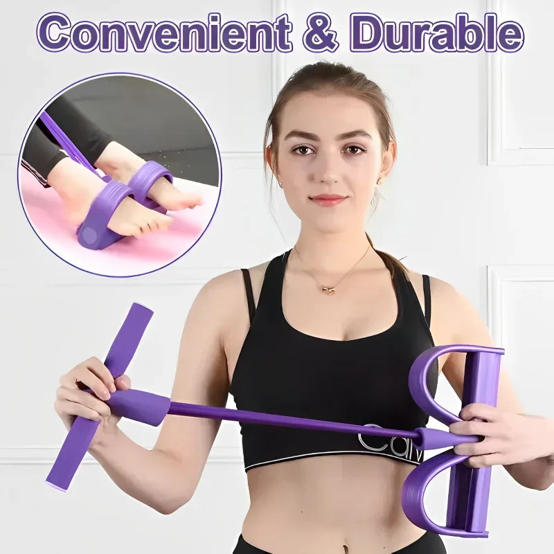 Woman using purple resistance band pedal exerciser for home workout, inset shows foot placement