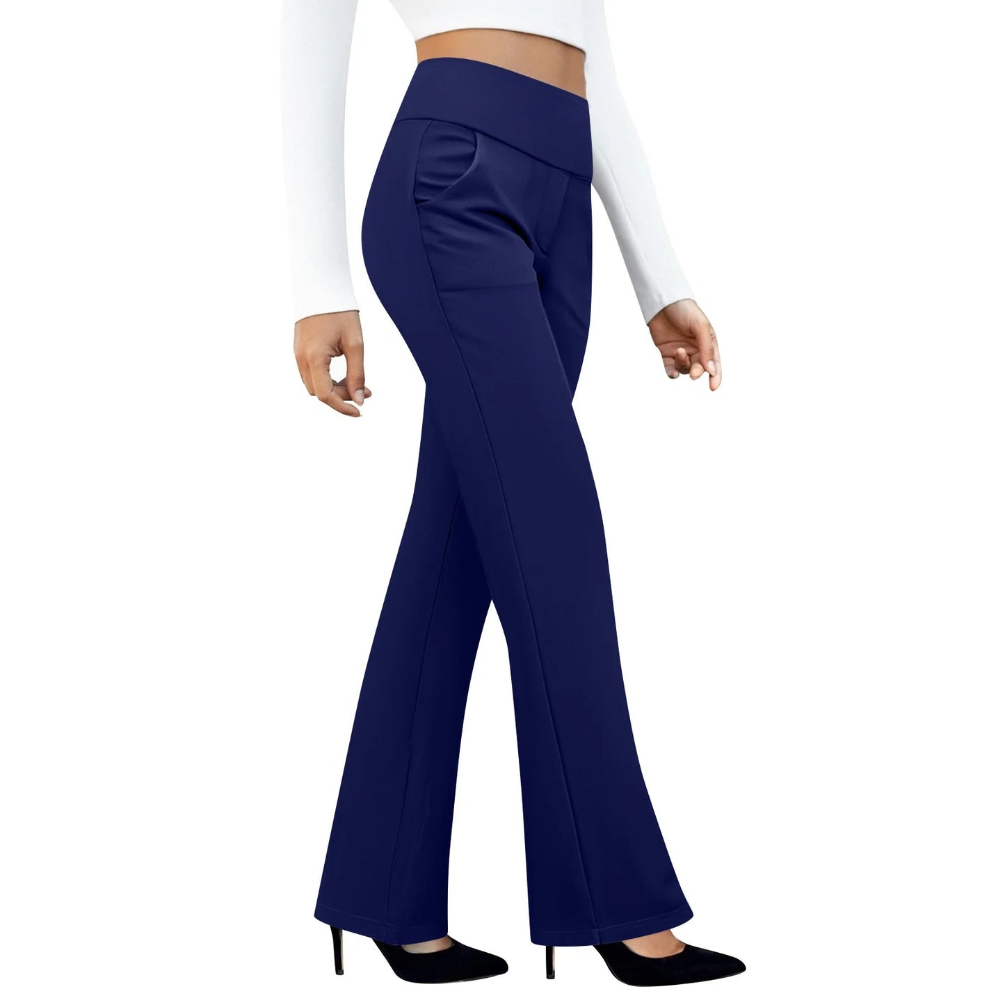Woman wearing navy blue flare pants with high waist, side pockets, and black heels