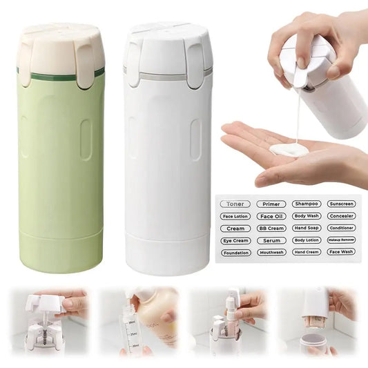 Refillable lotion dispenser bottles in green and white with hand pump action, shown with customizable labels for skincare and personal care products.
