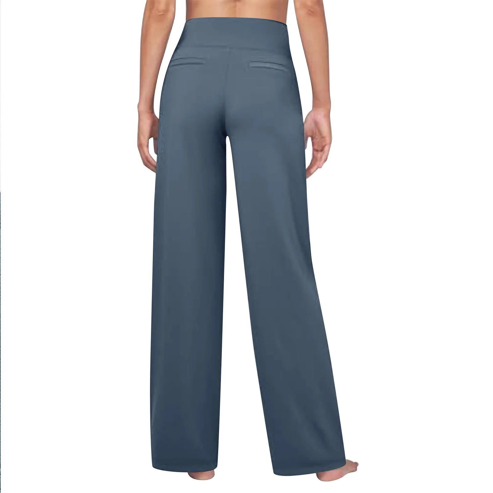 Back view of woman wearing high-waisted blue wide leg lounge pants