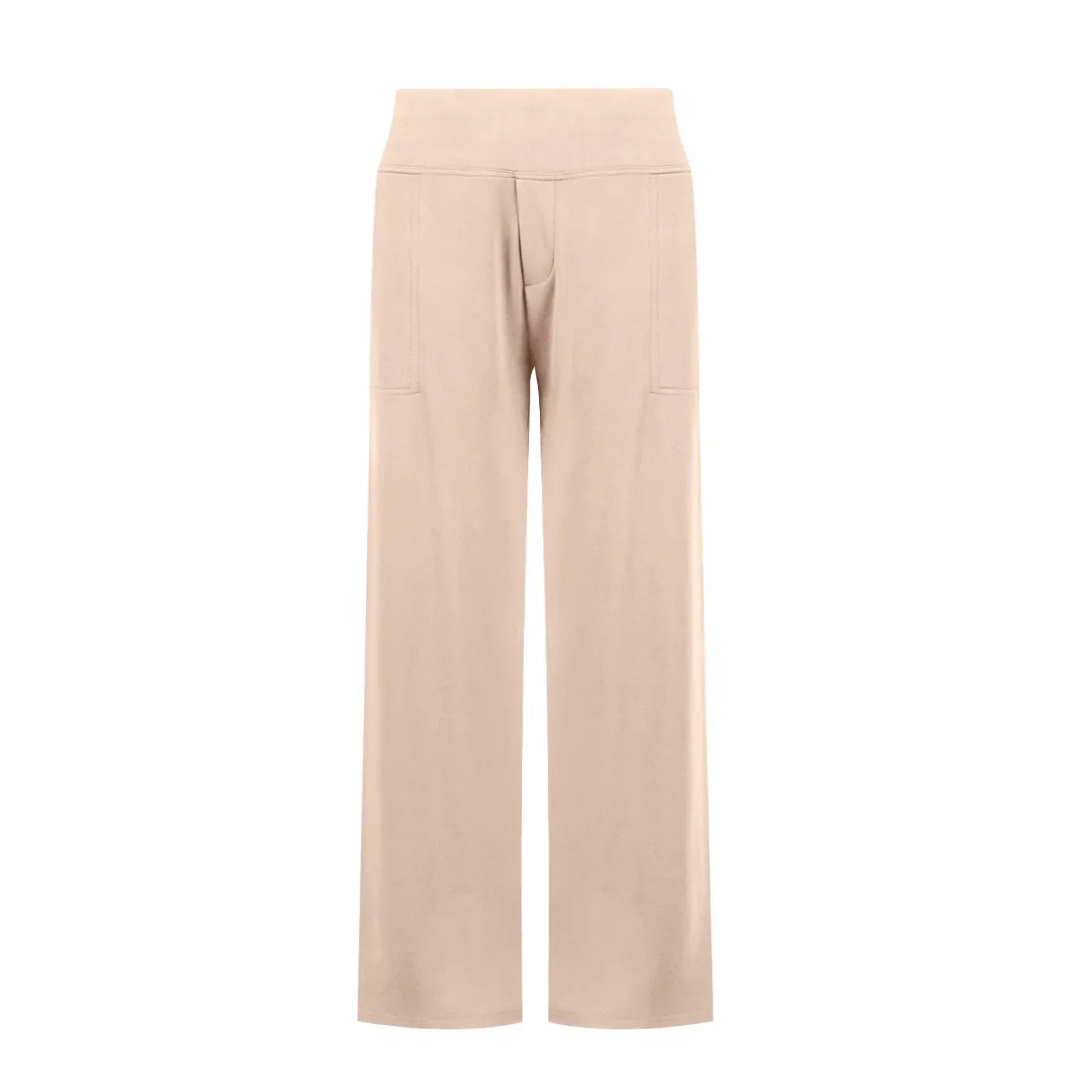 Beige wide-leg lounge pants with high waistband and patch pockets, modern minimalist style
