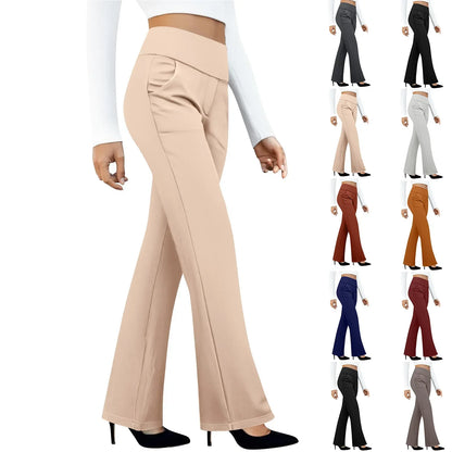 Women's high-waisted flare pants in multiple colors, side pockets, worn with heels