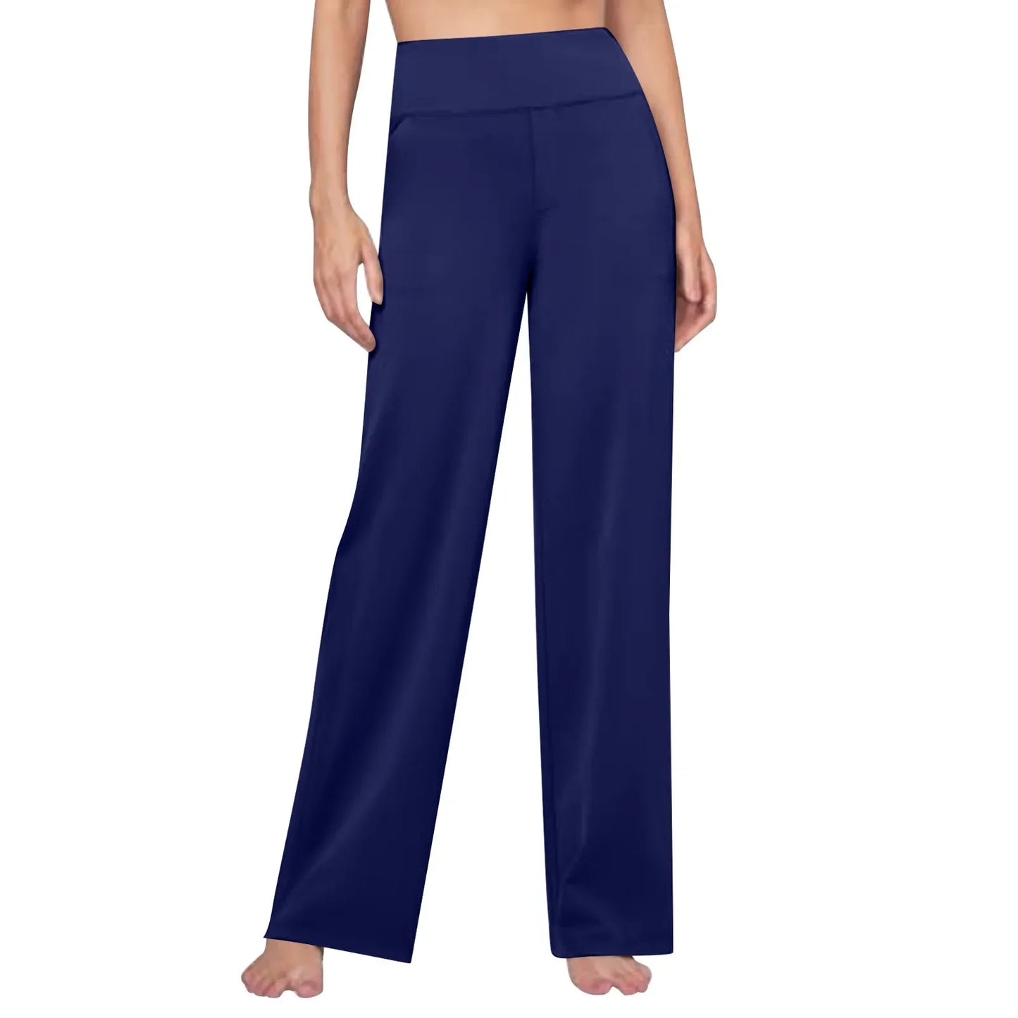 Woman wearing high waisted wide leg navy lounge pants, comfortable homewear, white background
