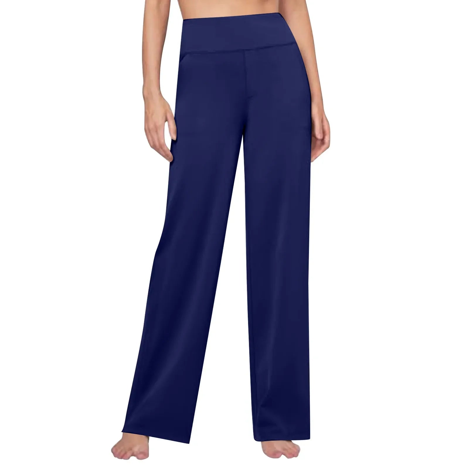 Woman wearing high waisted wide leg navy lounge pants, comfortable homewear, white background