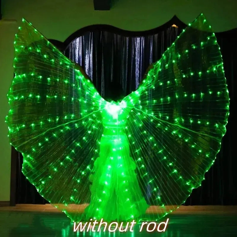 Person wearing illuminated green LED angel wings costume for dance performance without rod