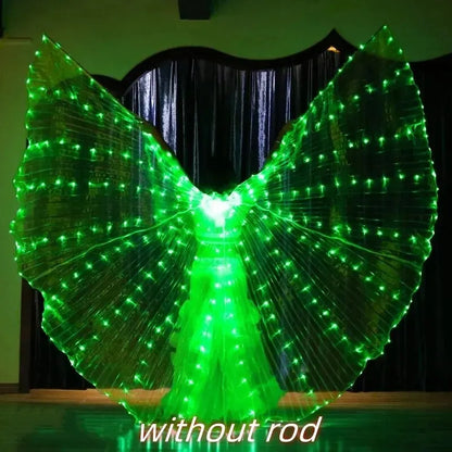 Person wearing illuminated green LED angel wings costume for dance performance without rod