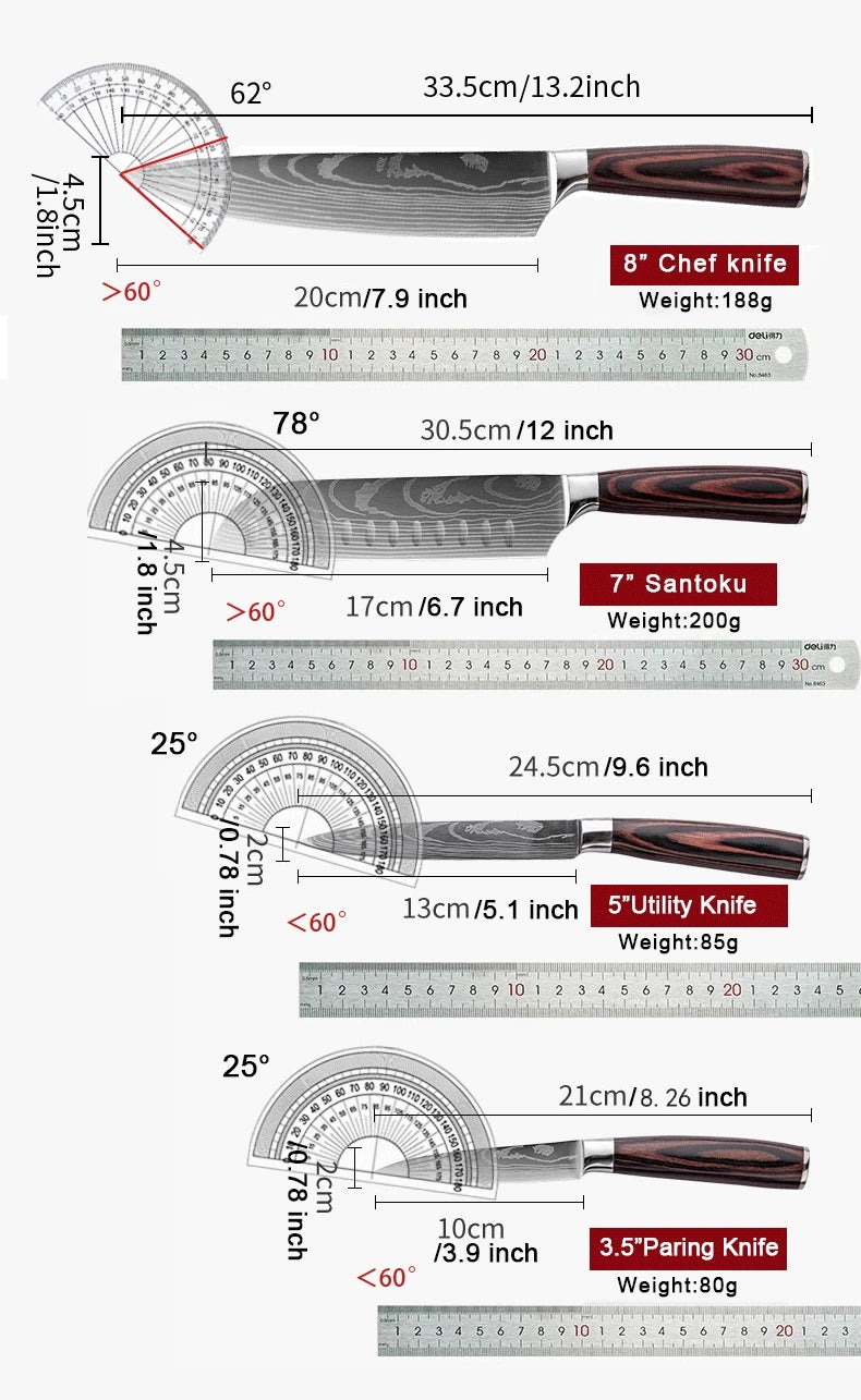 Knife set size chart showing 8-inch chef knife, 7-inch santoku, 5-inch utility, and 3.5-inch paring knife with blade angles, measurements, and weights.