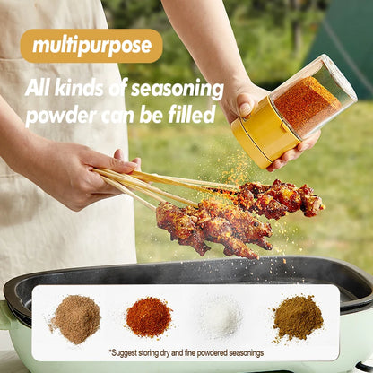 Hand using yellow multipurpose seasoning shaker to add spices to grilled meat skewers outdoors