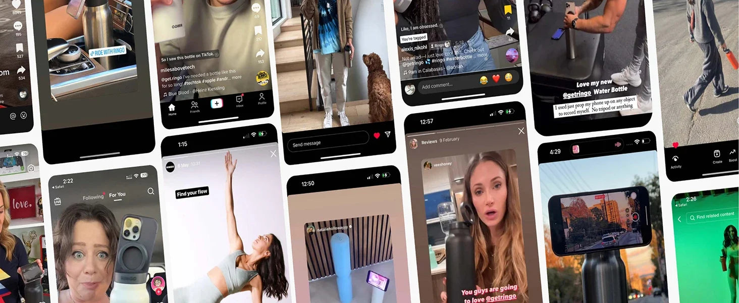 Collage of smartphone social media posts showcasing water bottles and daily lifestyle moments