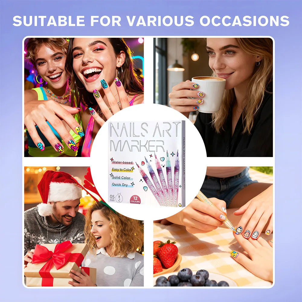 12Pcs/Set Nail Acrylic Graffiti Pen 12 Color Nail Marker Drawing DIY Beauty Nail Art Tools Waterproof and Quick Drying Nail Mark
