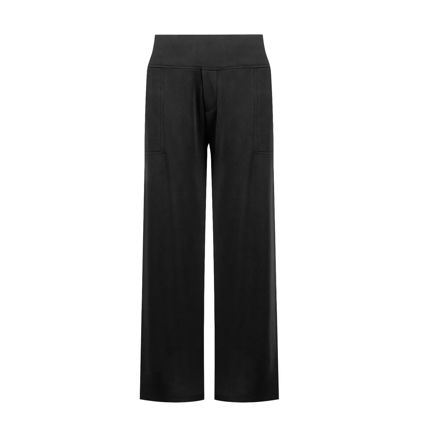 Black wide-leg pants with high waist and front patch pockets, modern minimalist style