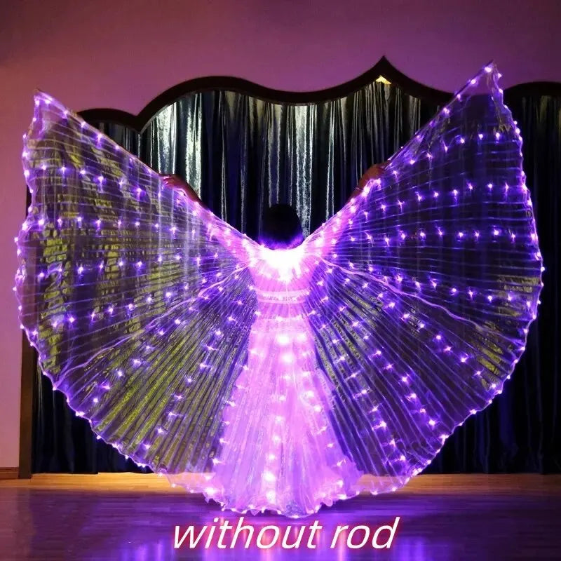 Person wearing illuminated LED butterfly wings costume in purple lights, text 'without rod' displayed.