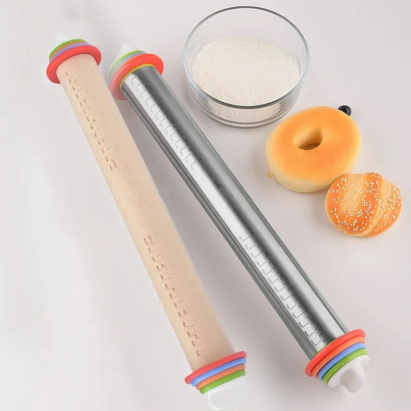 Adjustable rolling pins with measurement rings, flour bowl, and bread on a kitchen surface