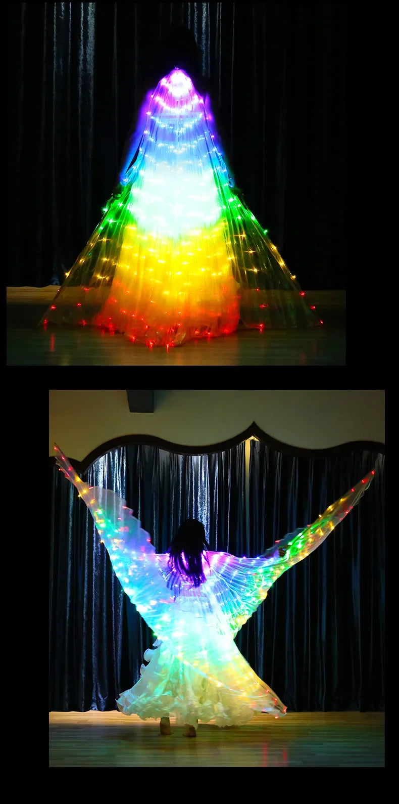Person wearing illuminated LED light-up wings costume with rainbow colors on stage