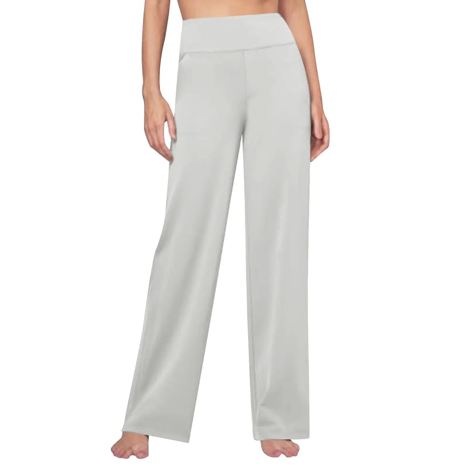Woman wearing light gray wide leg lounge pants with high waistband, front view