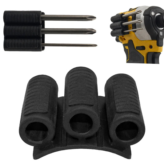 Black drill bit holder with three slots, shown attached to a yellow power drill.