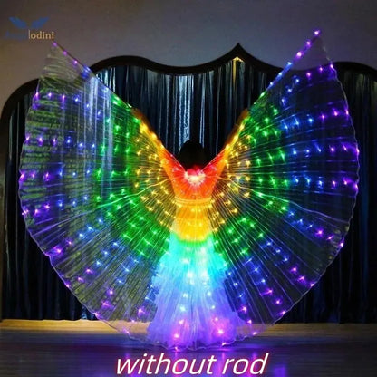 Person wearing large LED light-up rainbow wings costume on stage, text 'without rod' at bottom.
