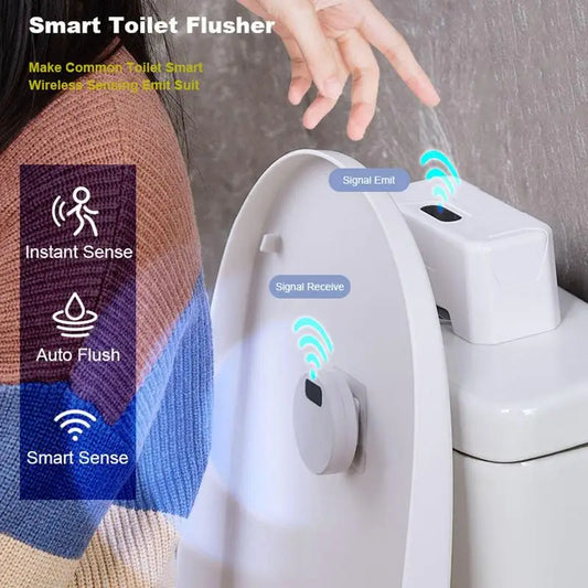 Wireless smart toilet flusher with touchless sensor and auto flush feature installed on toilet.