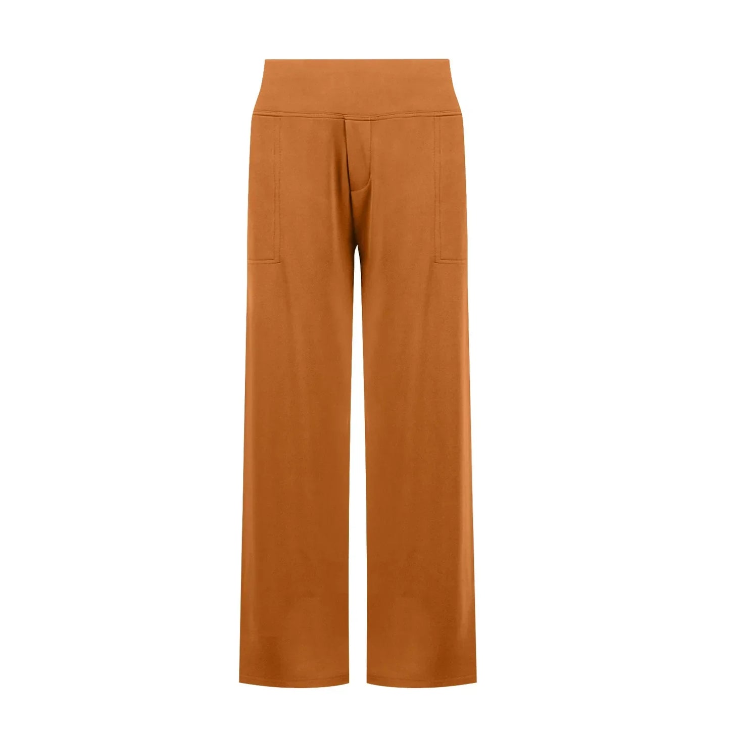Wide-leg high-waist brown pants with front pockets, modern casual loungewear style