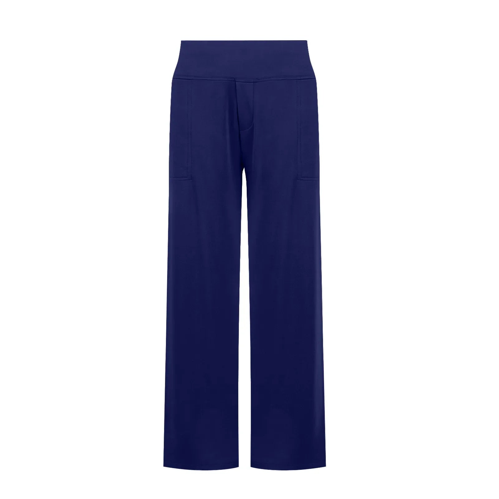 Navy blue wide-leg lounge pants with high waistband and front pockets on white background