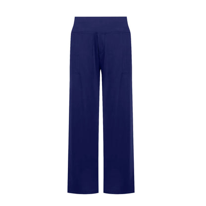 Navy blue wide-leg lounge pants with high waistband and front pockets on white background