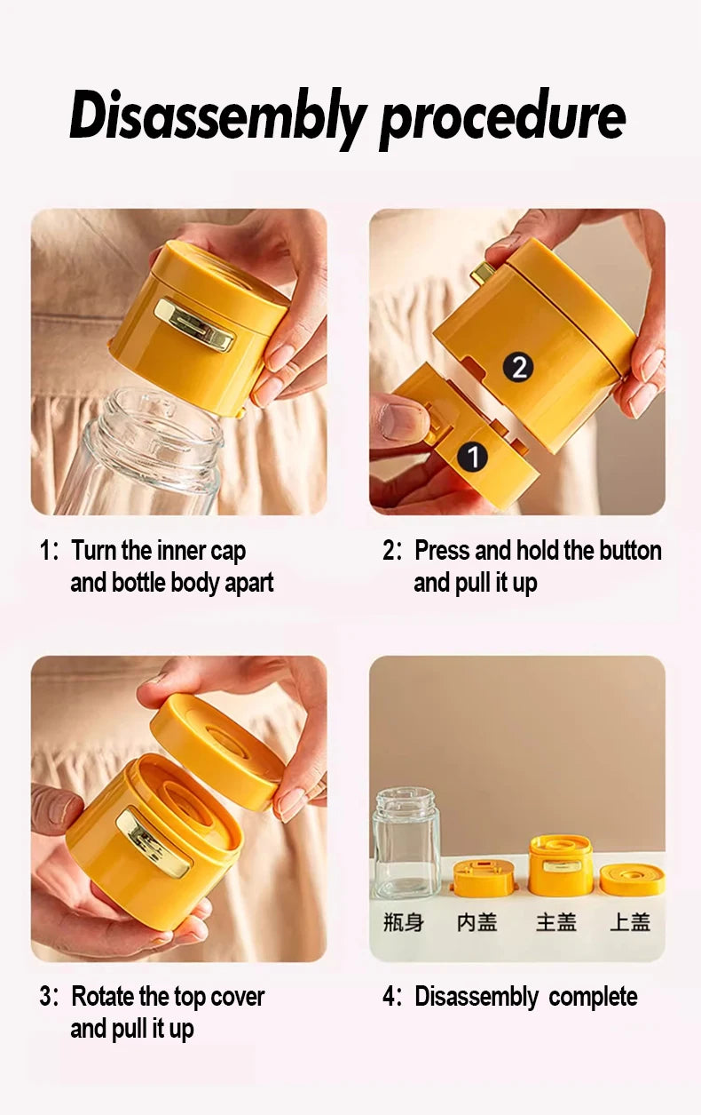 Step-by-step guide for disassembling a yellow airtight jar lid with simple instructions.