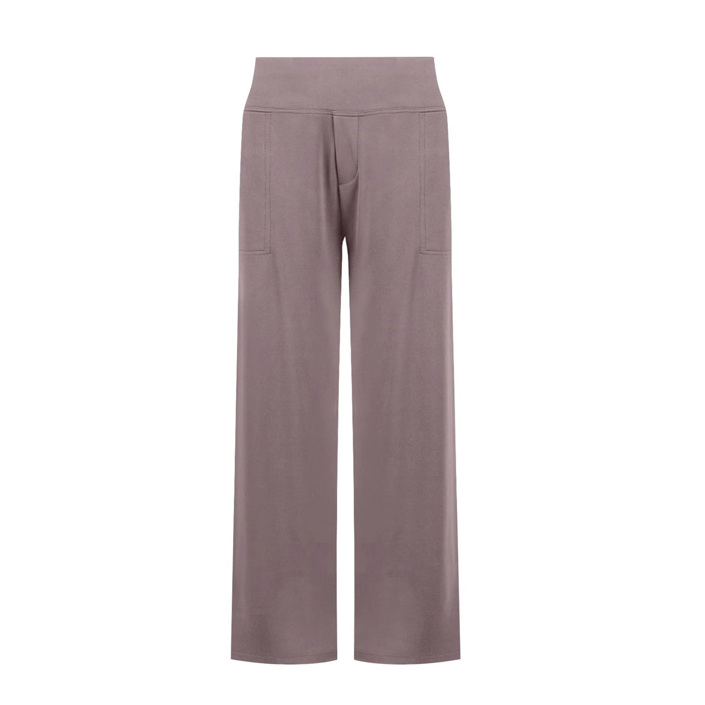 Taupe wide-leg lounge pants with front pockets and high waistband, modern casual style.