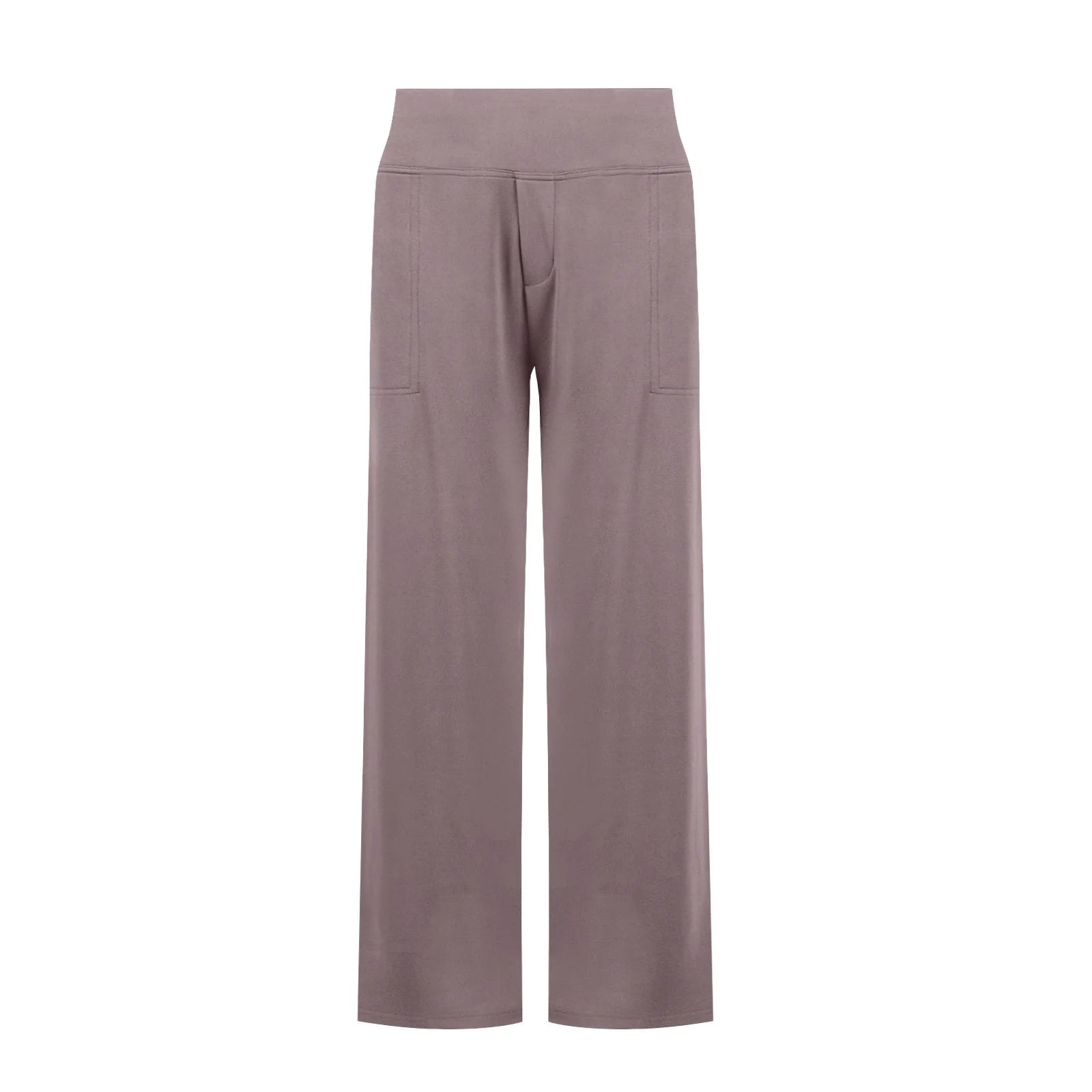 Taupe wide-leg lounge pants with front pockets and high waistband, modern casual style.