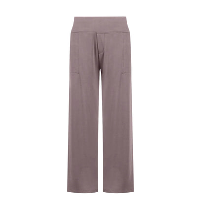 Taupe wide-leg lounge pants with front pockets and high waistband, modern casual style.