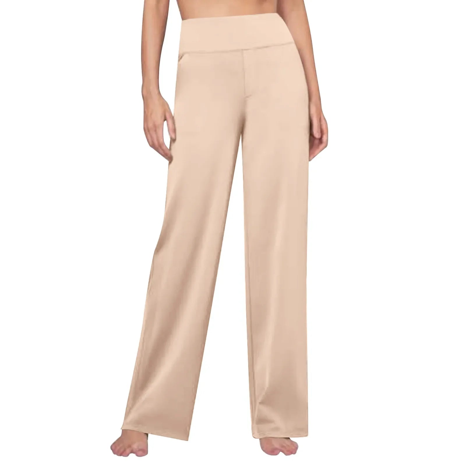 Beige high-waisted wide leg lounge pants for women, comfortable soft fabric