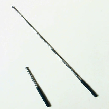 Telescopic metal pointer with black handle, shown extended and retracted on white background