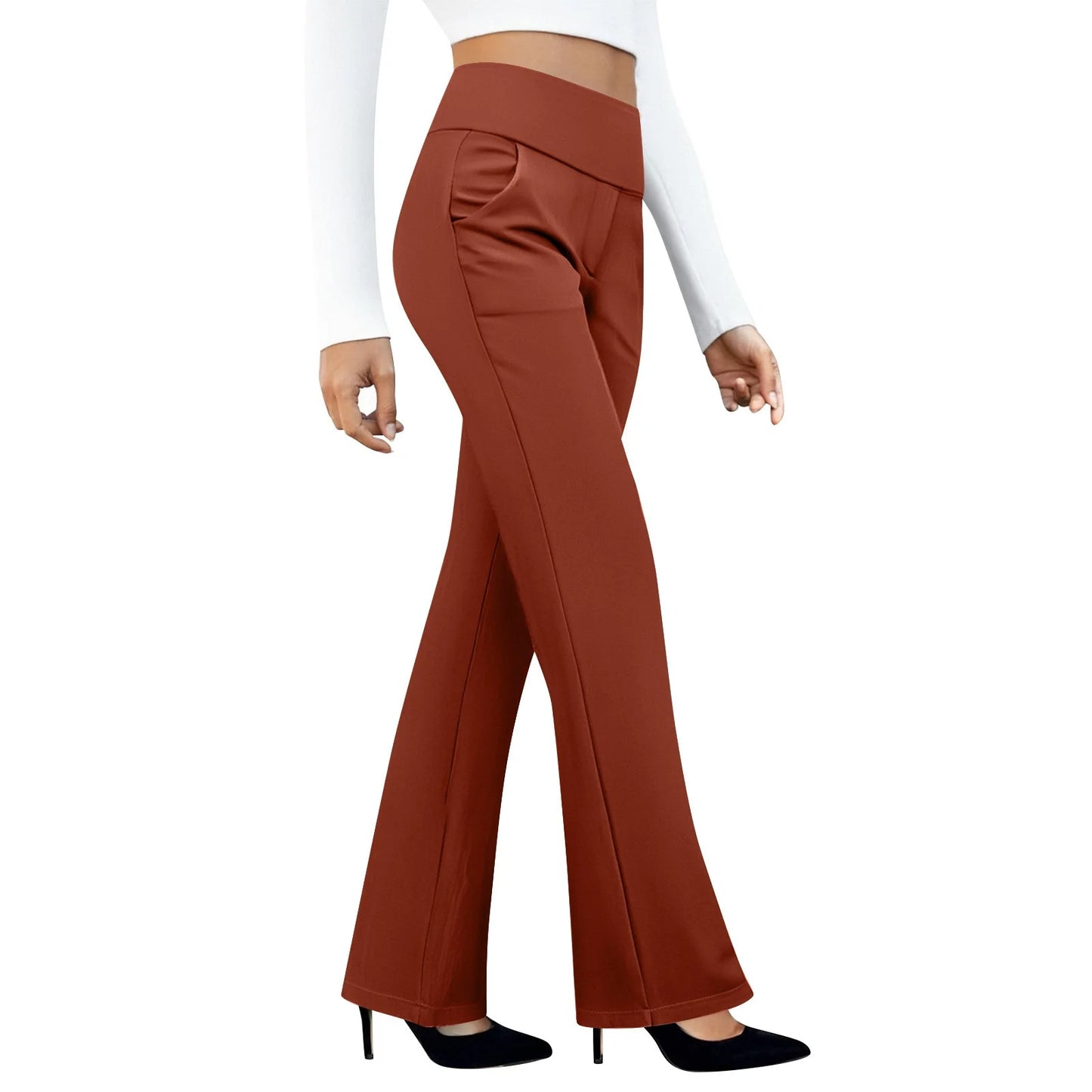 Woman wearing high-waisted rust flared pants with front pockets and black heels