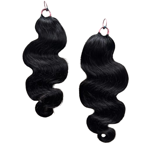 Pair of wavy black hair extensions with loose curls and natural shine
