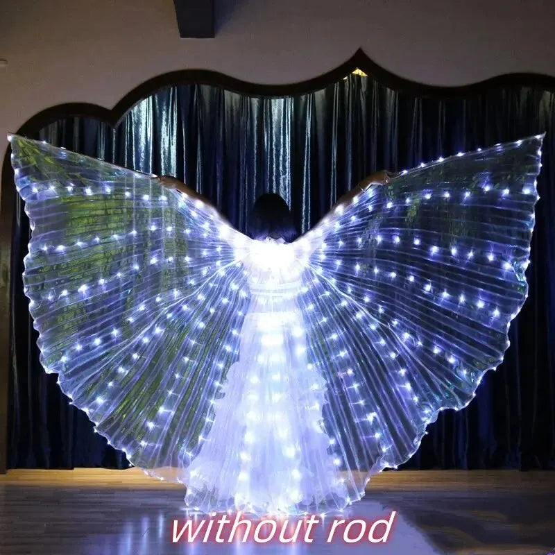 LED light up wings costume glowing in dark room, worn by person without rod