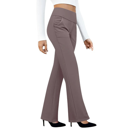 Woman wearing high-waisted taupe flared pants with pockets and black heels on white background