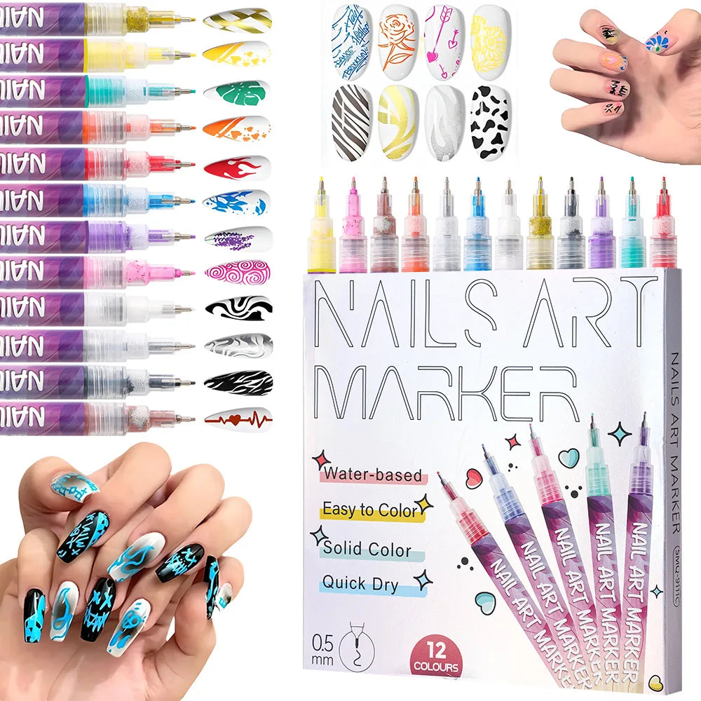 12Pcs/Set Nail Acrylic Graffiti Pen 12 Color Nail Marker Drawing DIY Beauty Nail Art Tools Waterproof and Quick Drying Nail Mark