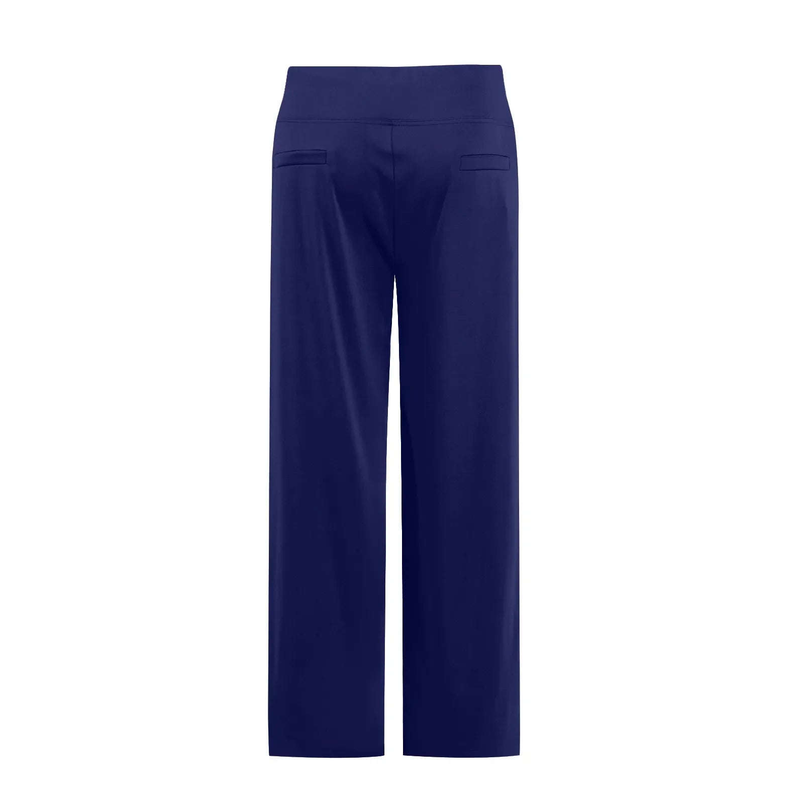 Rear view of wide leg navy blue pants with a high waistband and back pocket details