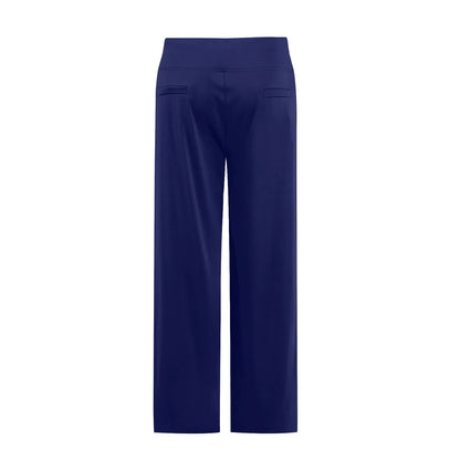 Rear view of wide leg navy blue pants with a high waistband and back pocket details