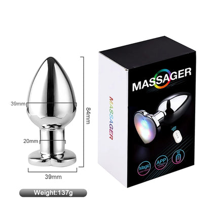 Stainless steel massager with LED light, measuring 84mm, shown beside product box.